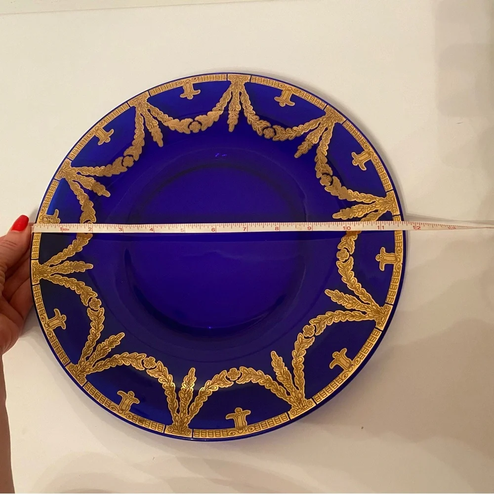 PLATE CHARGER PLATTER VINTAGE BLUE GLASS GOLD LEAF HOME DINING DINNER SERVEWARE